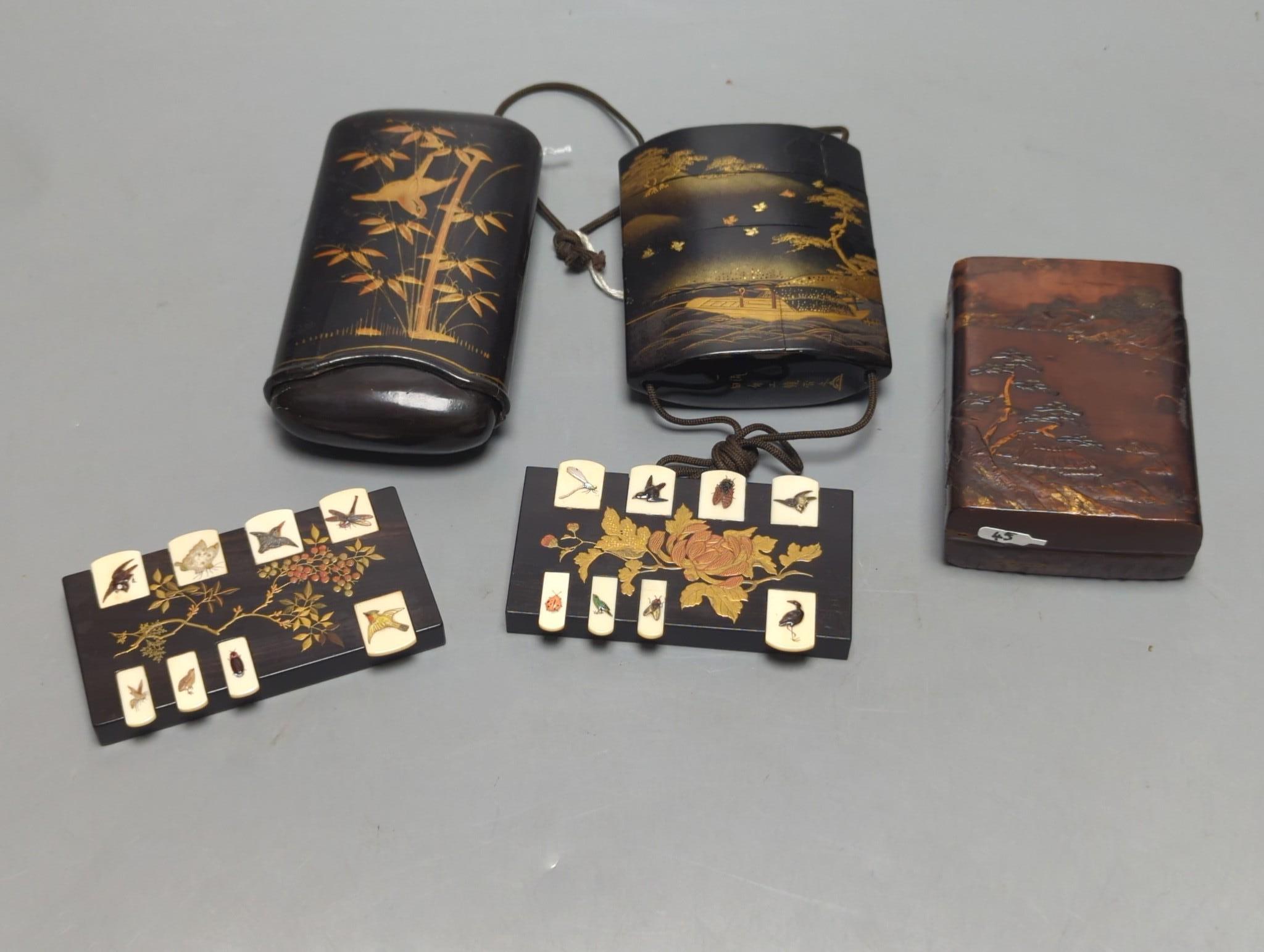 A 19th century Japanese lacquer inro, similar cigar case, two bezique markers and a birch bark case, 9 cams high.